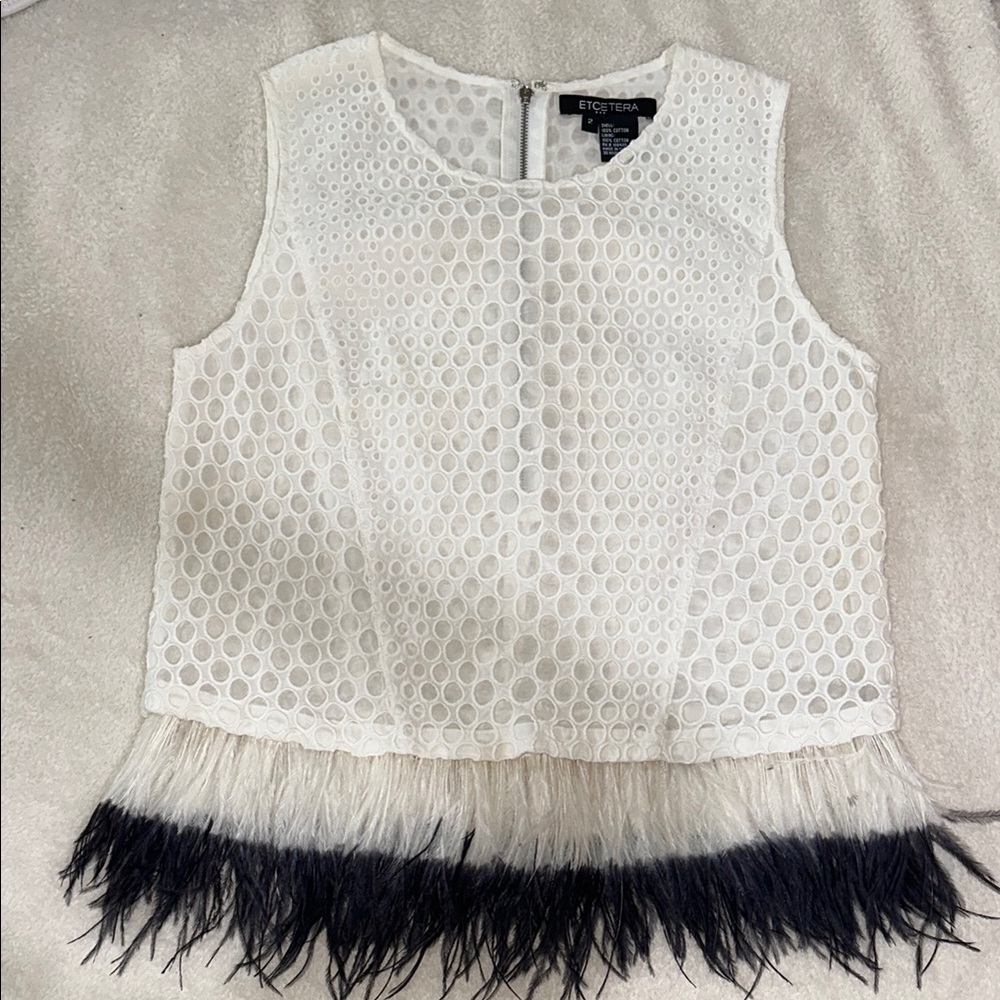 Etcetera White and Black Feathered Tank Top